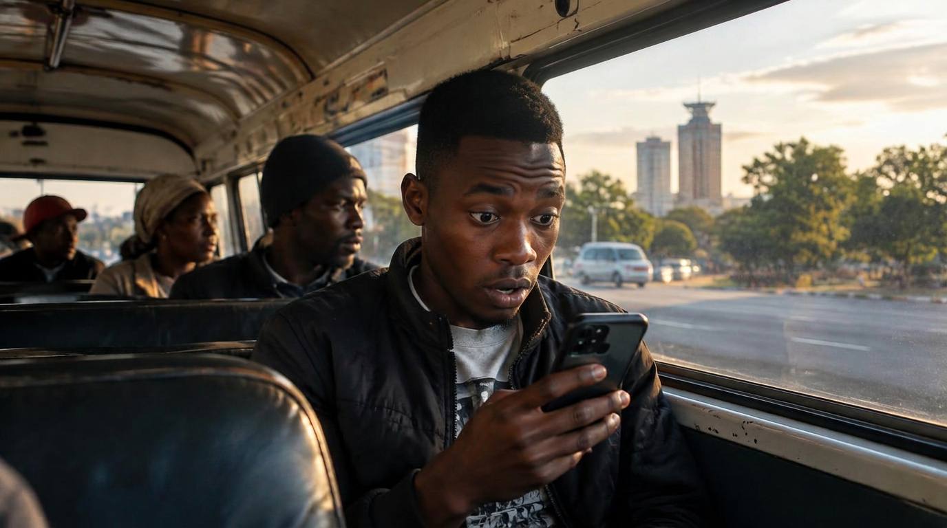 Young man on a kombi in Harare reading a suspicious message